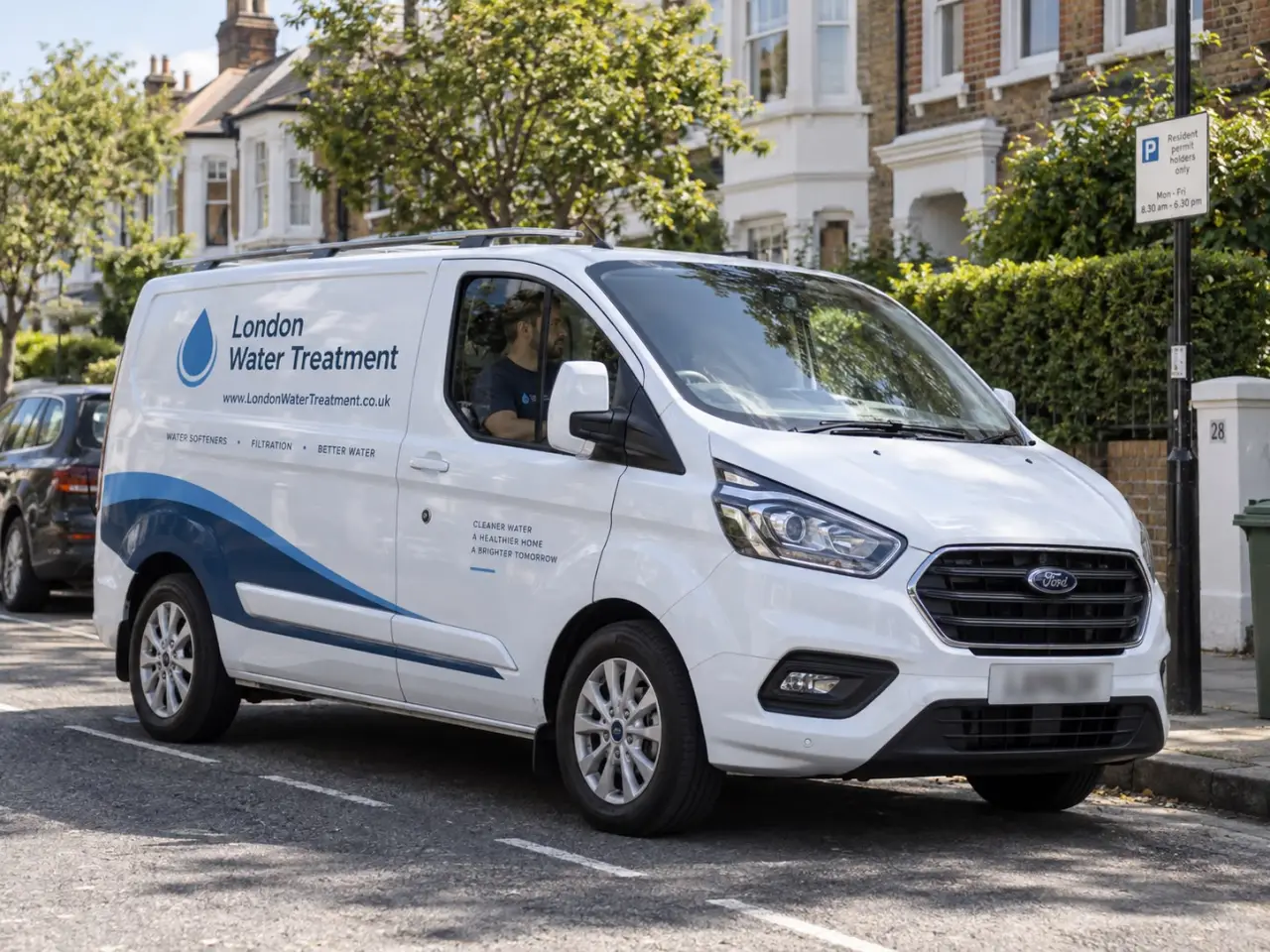 A London Water Treatment branded van parked on a residential street in London.