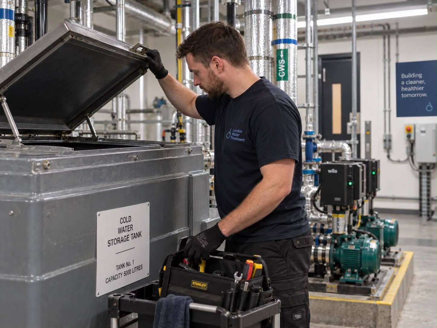 A London Water Treatment engineer opening the hatch of a cold water storage tank, with a tool trolley alongside and booster pumps behind.