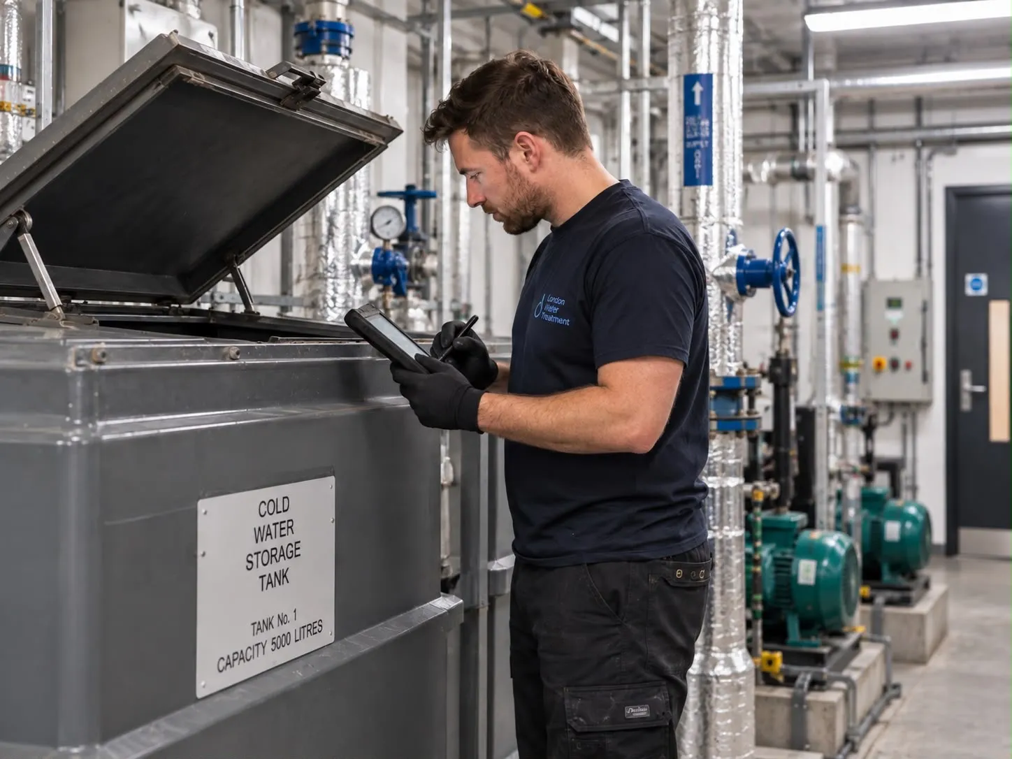 A London Water Treatment engineer recording inspection results on a rugged tablet beside an open cold water storage tank.