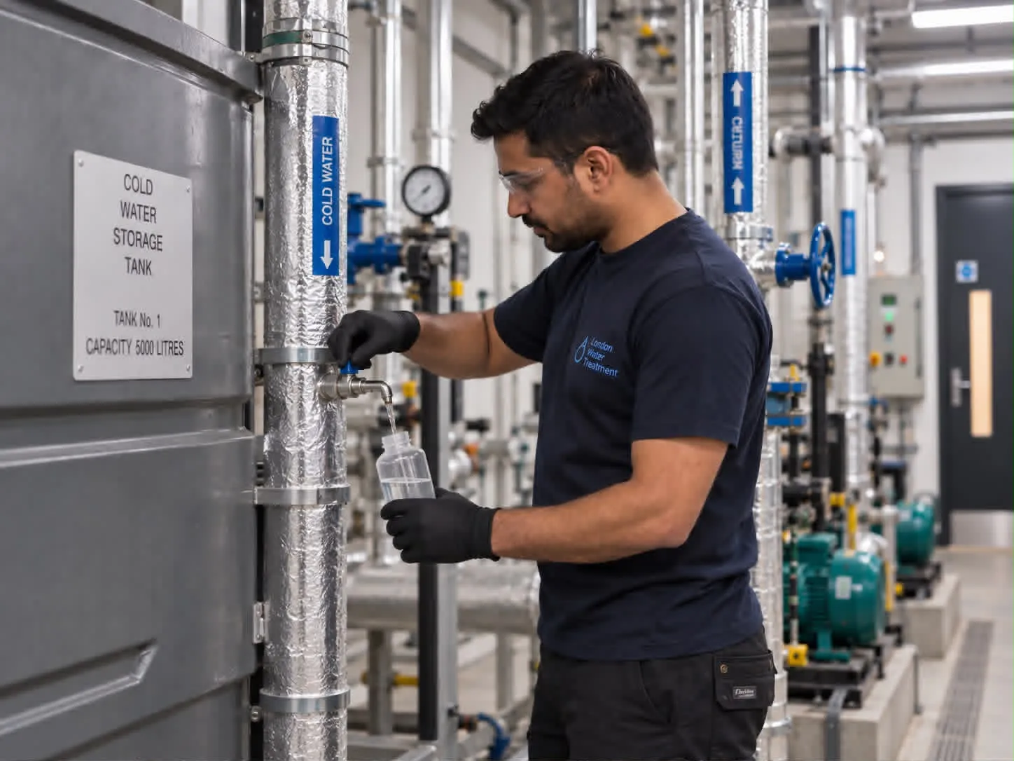 A London Water Treatment engineer filling a sterile sample bottle from a 5,000 litre cold water storage tank in a plant room.